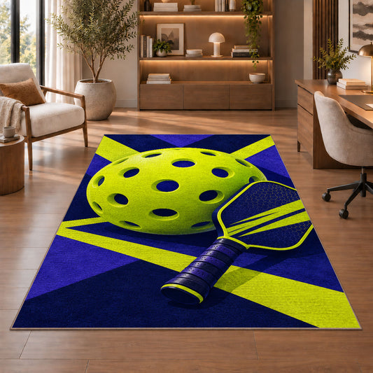 Giant Pickleball Rug in a home office with wooden shelves