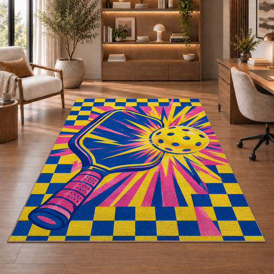 Pop Art Pickleball Rug in a home office with wooden shelves