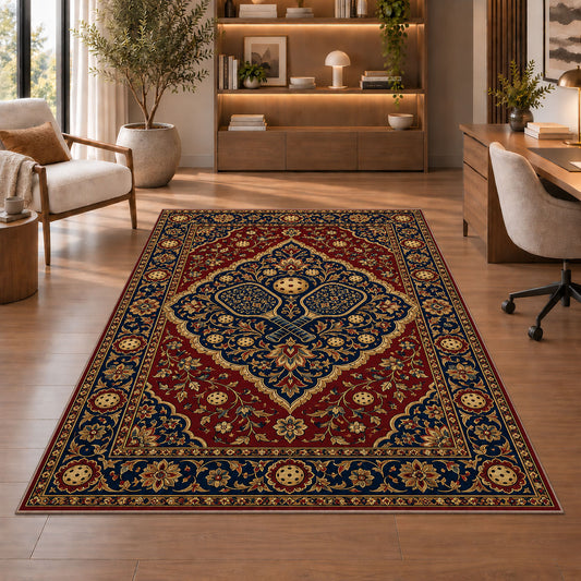 Persian Style Pickleball Rug in a home office with wooden shelves