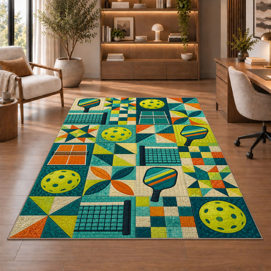Pickleball Patchwork Rug in a home office with wooden shelves
