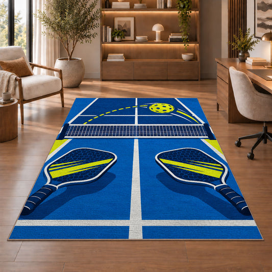Pickleball Over the Net Rug in a home office with wooden shelves