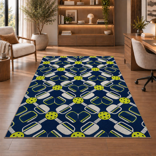 Pickleball Paddle Lattice Rug in a home office with wooden shelves