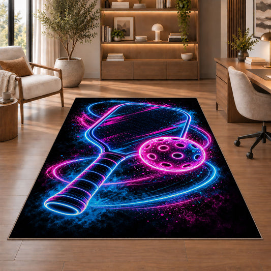 Neon Pickleball Rug in a home office with wooden shelves