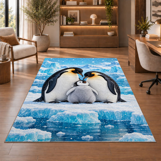 Penguin Family Rug in a home office with wooden shelves