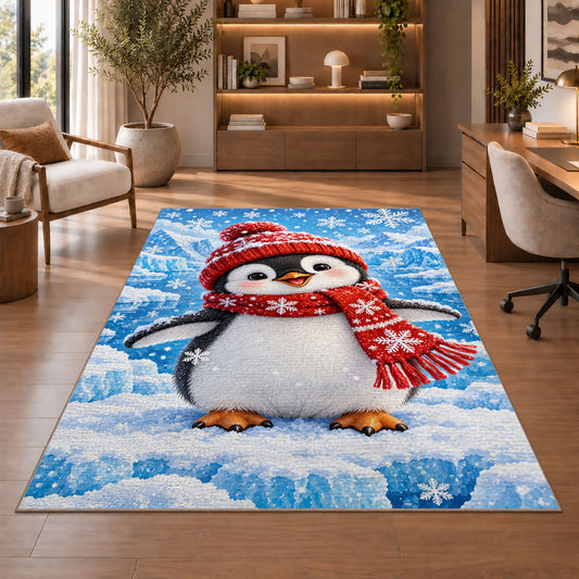 Baby Penguin Rug in a home office with wooden shelves