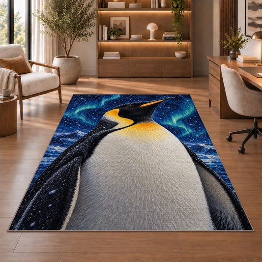 Emperor Penguin Rug in a home office with wooden shelves