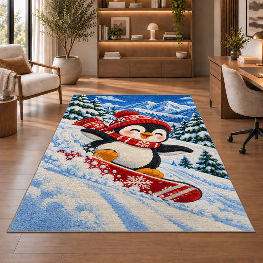 Snowboarding Penguin Rug in a home office with wooden shelves
