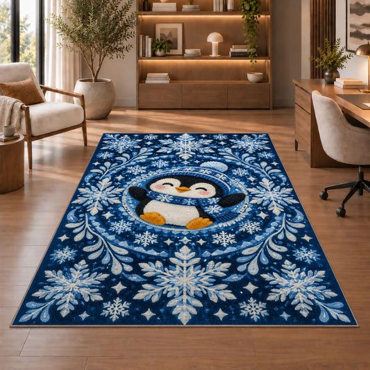 Snowflake Mandala Penguin Rug in a home office with wooden shelves