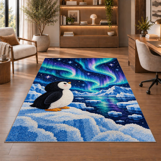 Aurora Penguin Rug in a home office with wooden shelves