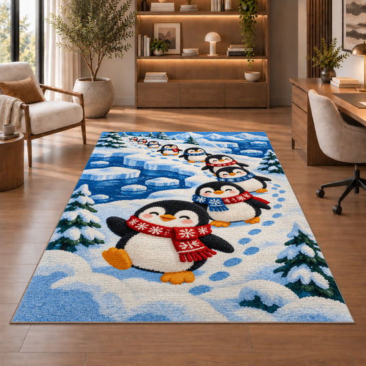Penguin Parade Rug in a home office with wooden shelves