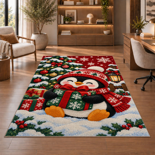 Christmas Penguin Rug in a home office with wooden shelves
