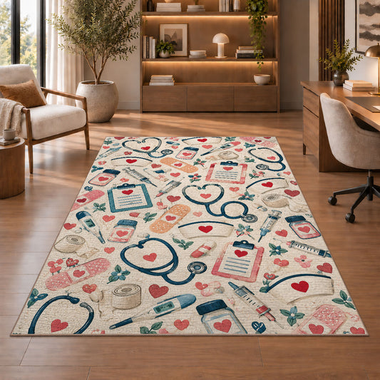 Nurse Essentials Pattern Rug in a home office with wooden shelves