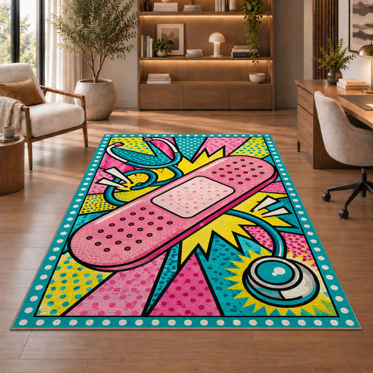 Pop Art Bandage Rug in a home office with wooden shelves