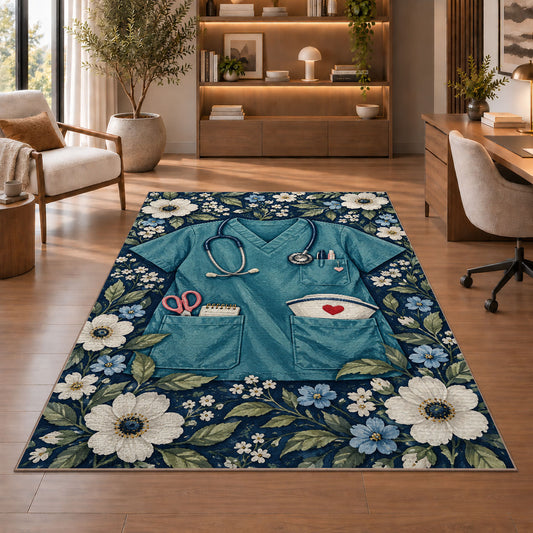 Nurse Scrubs Rug in a home office with wooden shelves