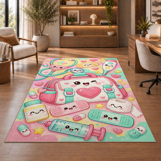 Cute Medical Bag Rug in a home office with wooden shelves