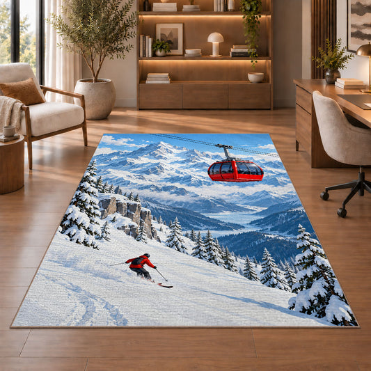 Alpine gondola rug in a home office with wooden shelves