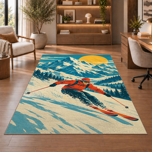 Vintage ski poster rug in a home office with wooden shelves