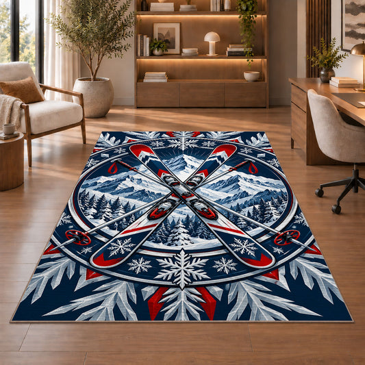 Crossed skis emblem rug in a home office with wooden shelves