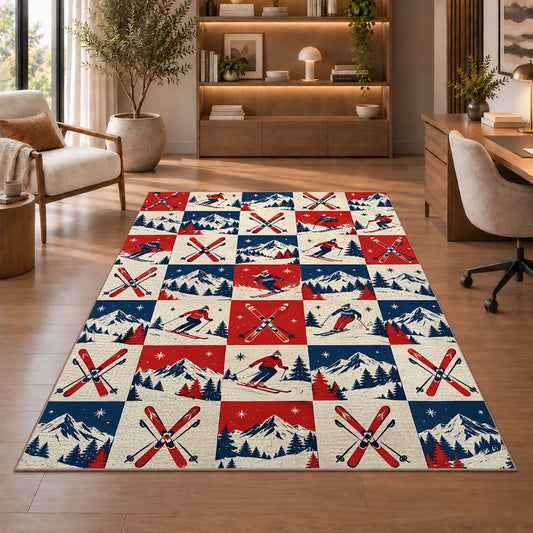Checkered ski rug in a home office with wooden shelves