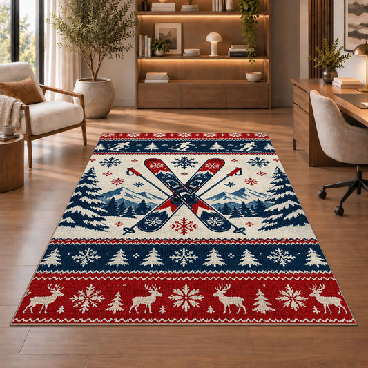 Nordic sweater skis rug in a home office with wooden shelves