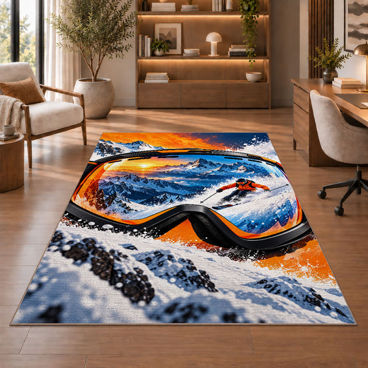 Ski goggles reflection rug in a home office with wooden shelves