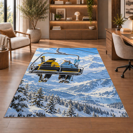 Chairlift skiers rug in a home office with wooden shelves