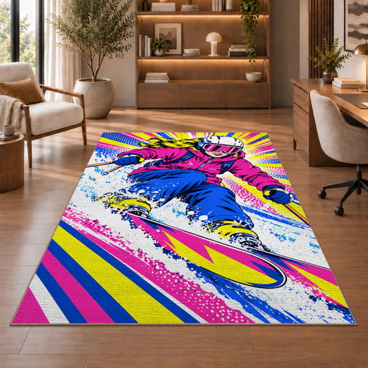 Pop art skier rug in a home office with wooden shelves