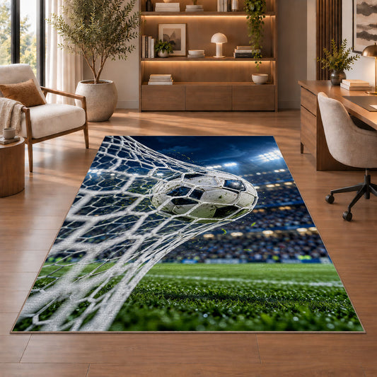 soccer ball hitting the net rug in a home office with wooden shelves