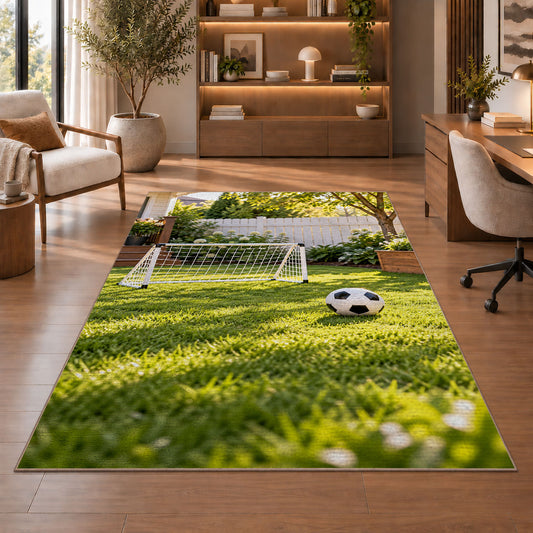 backyard soccer goal rug in a home office with wooden shelves
