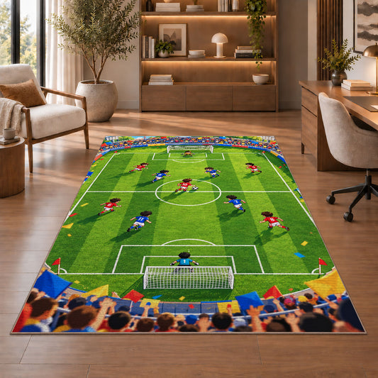 cartoon kids soccer match rug in a home office with wooden shelves