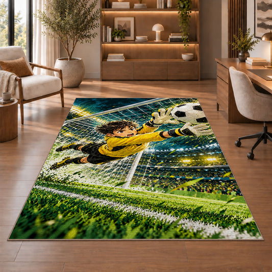 goalkeeper diving save rug in a home office with wooden shelves