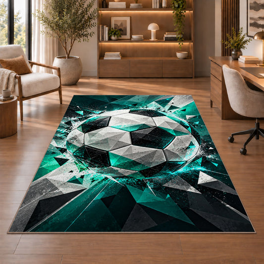 low poly geometric soccer ball rug in a home office with wooden shelves