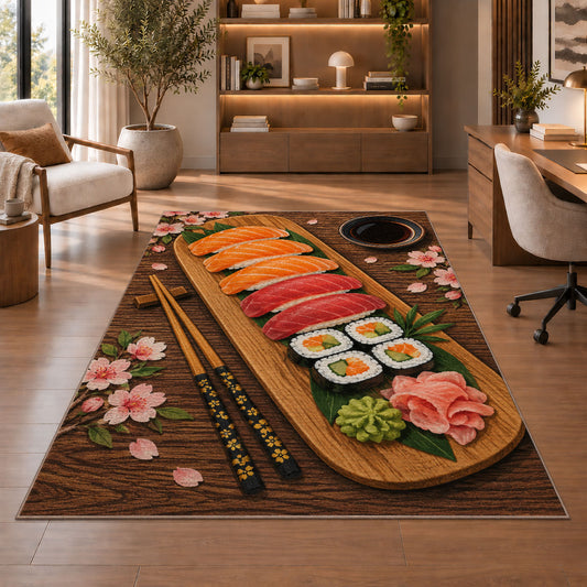 Sushi Platter Rug in a home office with wooden shelves