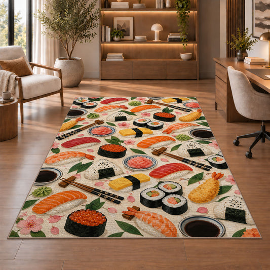 Sushi Pattern Rug in a home office with wooden shelves