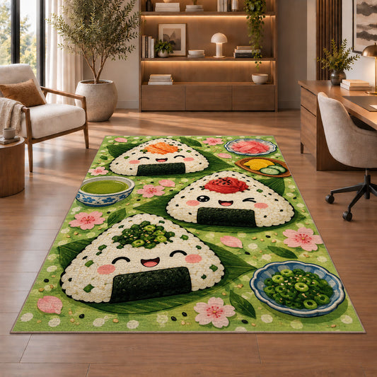 Onigiri Rice Ball Rug in a home office with wooden shelves