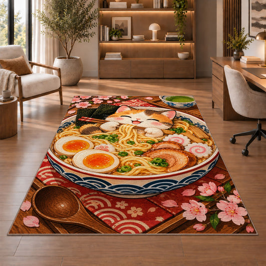 Cat Ramen Rug in a home office with wooden shelves