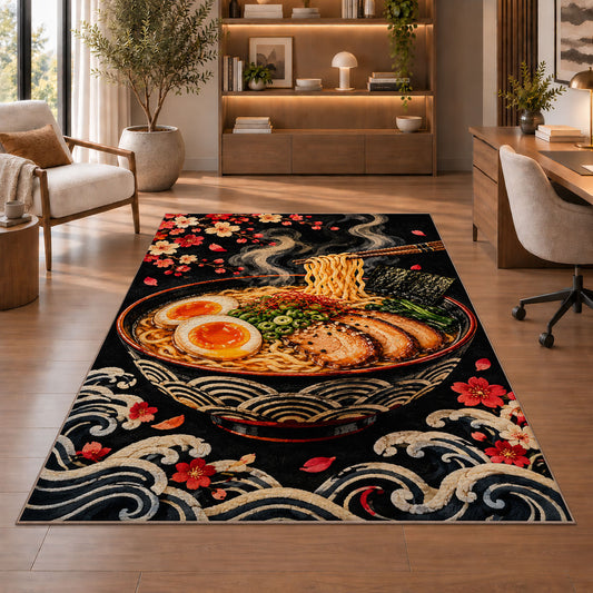Ramen Bowl on Black Rug in a home office with wooden shelves