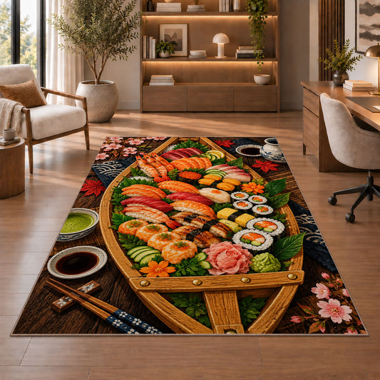 Sushi Boat Rug in a home office with wooden shelves
