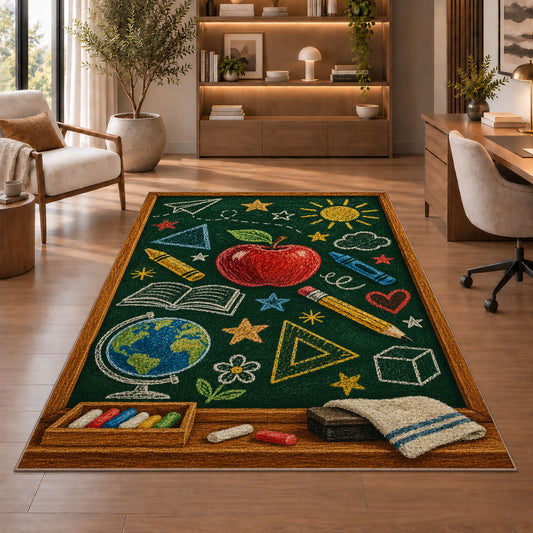 Chalkboard Doodle Rug in a home office with wooden shelves