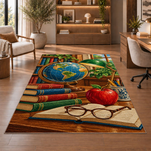 Vintage Globe Teacher Rug in a home office with wooden shelves