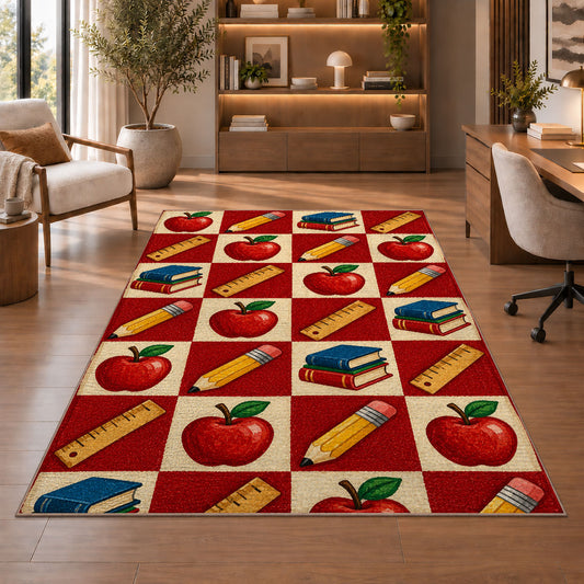 Apple Checkered Rug in a home office with wooden shelves