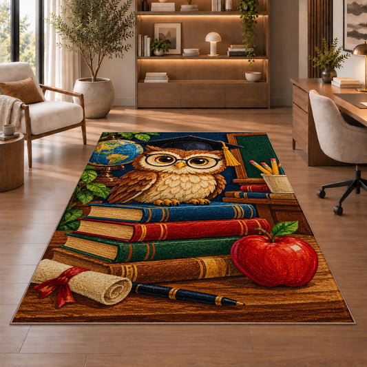 Wise Owl Teacher Rug in a home office with wooden shelves