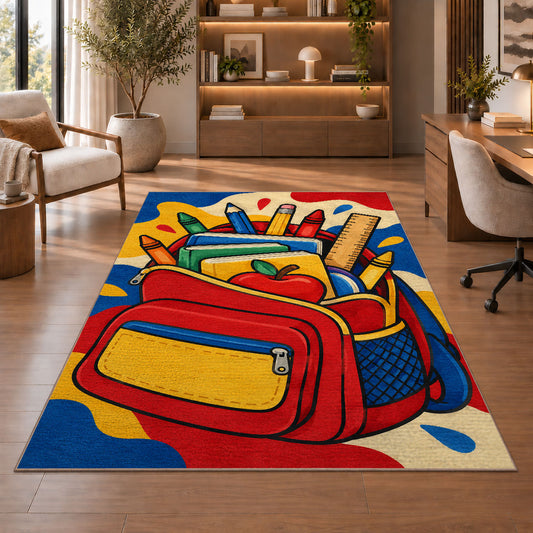 Backpack School Rug in a home office with wooden shelves