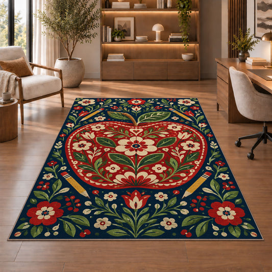 Folk Art Apple Rug in a home office with wooden shelves