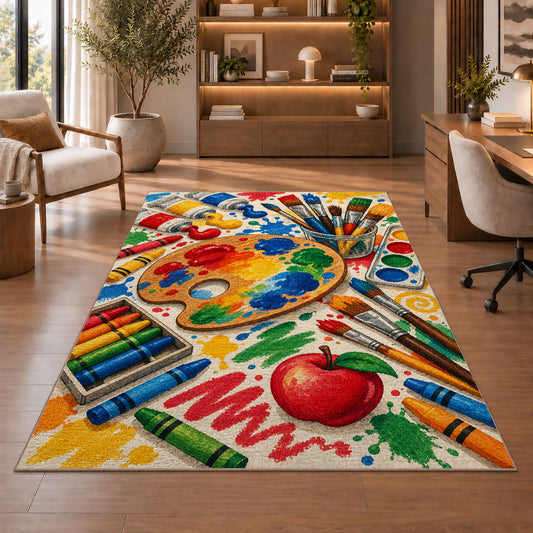 Art Teacher Rug in a home office with wooden shelves