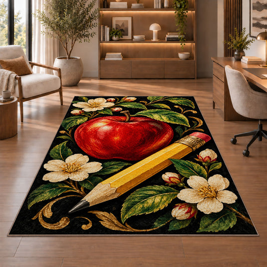 Apple and Pencil Rug in a home office with wooden shelves