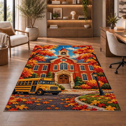 Autumn Schoolhouse Rug in a home office with wooden shelves