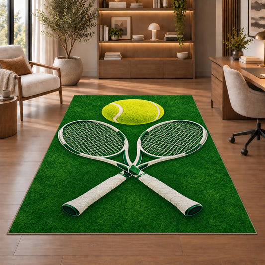 Tennis Rackets and Ball Rug in a home office with wooden shelves