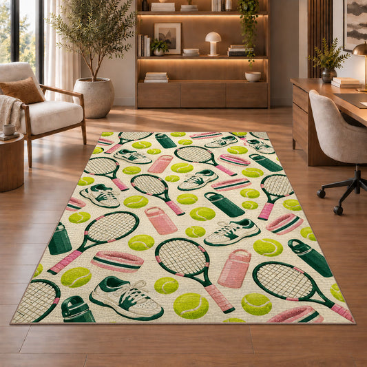 Tennis Pattern Rug in a home office with wooden shelves
