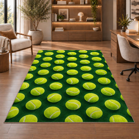 Tennis Ball Pattern Rug in a home office with wooden shelves